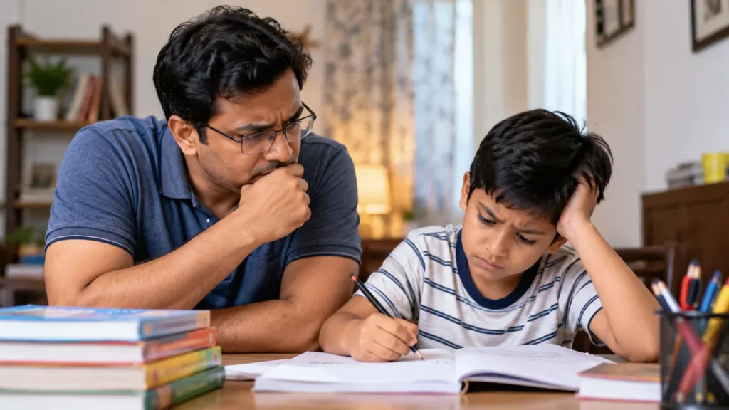 Father helping his son with schoolwork at home